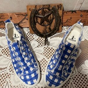 Gingham plaid checkered blue and white wimens size 8 CORKYS